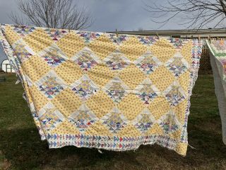 Vintage Cotton Hand Stitched Quilt Top Yellow Spring Feed Sack Full Sz Feedsack