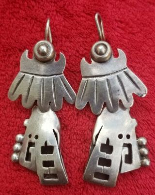 Vtg Early Taxco Mexican Sterling Silver 925 Aztec Design Long Dangle Earrings