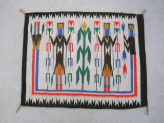 Authentic Native American Navajo Yei Hand Made Wool Vintage Rug Ladies Corn