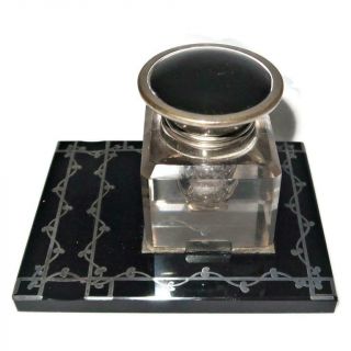 Vintage Art Deco Black Tile & Silver Inkwell W/ Glass Well Desk Set,  4 7/8 "