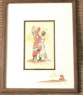Watercolor Signed By William T.  Zivic Native American Couple Matted Print 