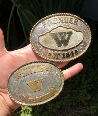 2 Vintage 1986 Sterling Silver & 10k Gold Engraved Rodeo Trophy Belt Buckle Set