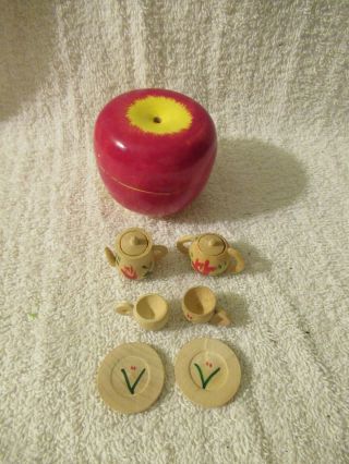Vintage Childrens Wooden Red Apple With Miniature Tea Set Inside - Japan