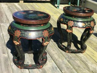 A Pair Vintage Chinese Chinoiserie Style Black Lacquer Drum Stool