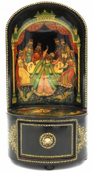 Unique " Princess Frog " Russian Hand Painted Palekh Chest Style Lacquer Box.
