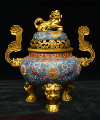 Old China Bronze Cloisonne Enamel Lion Beast Head Fengshui Incense Burner Censer