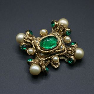 Vintage C 1960s 1970s Statement Glass Gem And Pearl Baroque Maltese Cross Brooch