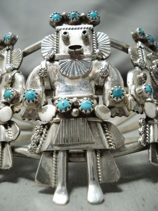 ONE OF THE BEST EVER VINTAGE NAVAJO TURQUOISE KACHINA STERLING SILVER BRACELET 2