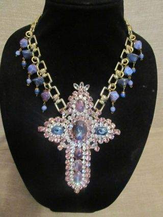 Vintage 5 " Bijoux Mg Cross Pink Rhinestone Statement Necklace - Repurposed Ooak