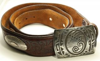 Vintage Hopi Andrew Saufkie Sterling Silver Overlay Buckle W/leather Belt 925