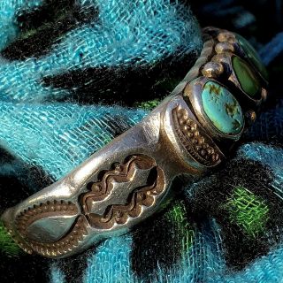 1930s Thick Heavy Deeply Stamped Navajo Turquoise Ingot Silver Row Cuff Bracelet