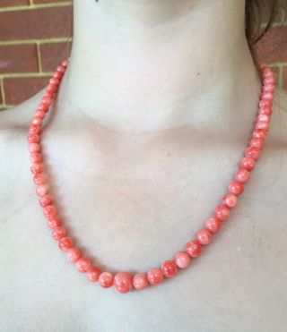 Vintage,  Natural Salmon Red Coral Graduated Long Bead Necklace.  Coral Not Dyed