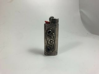 Vintage Sterling Silver & Onyx Small Bic Lighter Cover,  Navajo Design