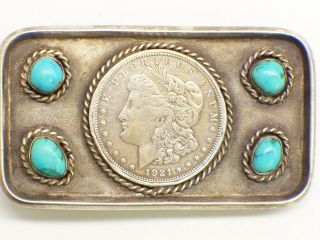 Vintage Sterling Silver Belt Buckle Set With Turquoise & Morgan Silver Dollar