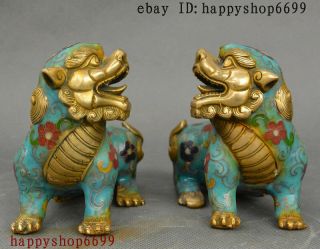 4 " China Bronze Cloisonne Enamel Foo Fu Dog Guardion Lion God Beast Statue Pairs