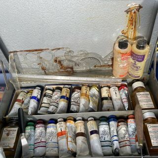 Vintage Oil Paint Case 25 Grumbacher Winsor Newton Paints Brushes Tools Varnish