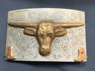 Vintage Sterling Silver 10k Gold Longhorn Trophy Belt Buckle Rodeo Handmade