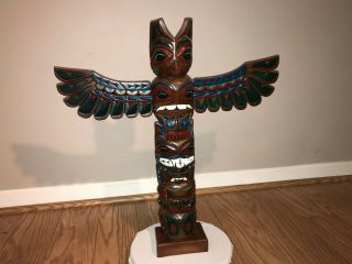 Large Northwest Coast Carved Wood 25” Vintage Totem Pole Made In Alaska By Raven