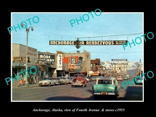 Old Postcard Size Photo Of Anchorage Alaska View Of 4th Ave & Stores C1955