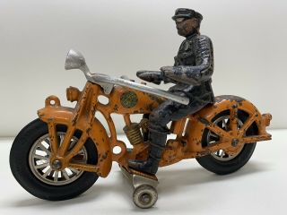 Very Rare 8.  5” Orange Hubley Solo Rider Cast Iron Motorcycle Toy