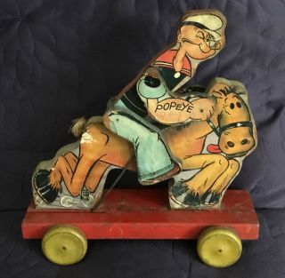 Fisher Price Popeye On Horse C.  1937 Pull Toy Cowboy 705