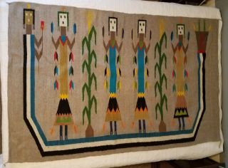 Vintage Navajo Yei Blanket Rug Wool 76 " ×48 " Native American Hand Woven