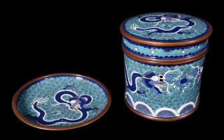 Vintage Chinese Cloisonne Enamel Round Box Container & Plate Dragon Motif China