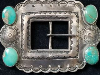 Old Navajo Hand Stamped Repousee Cerrillos Turquoise Belt Buckle 44.  7 Grams