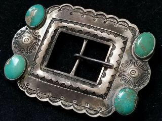 OLD NAVAJO HAND STAMPED REPOUSEE CERRILLOS TURQUOISE BELT BUCKLE 44.  7 GRAMS 2