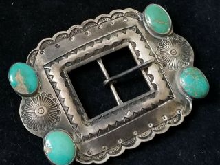 OLD NAVAJO HAND STAMPED REPOUSEE CERRILLOS TURQUOISE BELT BUCKLE 44.  7 GRAMS 3