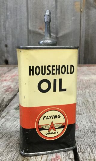 Early Vintage 4oz Flying A Household Oil Lead Top Oiler Tin Can Gas & Oil