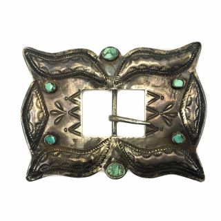 Navajo Turquoise And Silver Belt Buckle,  C.  1930s,  3.  25 " X 4 "