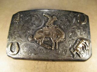 Vtg Edward Bohlin Made Sterling Silver & 10k Gold Rodeo Belt Buckle,  53.  9g