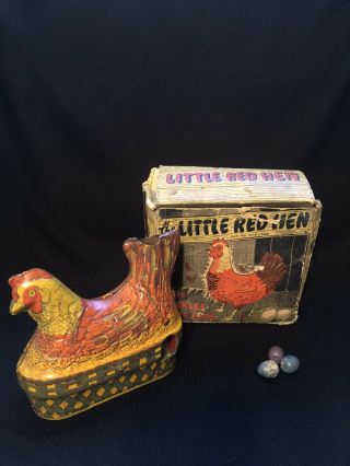 Vtg Little Red Hen Tin Ltho Wind Up Toy/cackles/lays Eggs/orig Box Baldwn Mfg