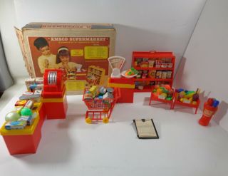 Vintage Amsco Supermarket Toy Grocery Store,  Box,  Extra Play Food Cans 1965