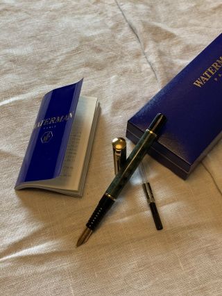 Vtg Waterman Fountain Pen W/box Medium Point Green Marble Lacquer Gold Plated