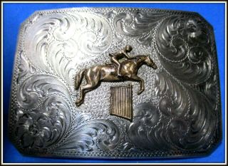 Diablo Horse Jumping Hand Engraved Solid Sterling Silver Belt Buckle