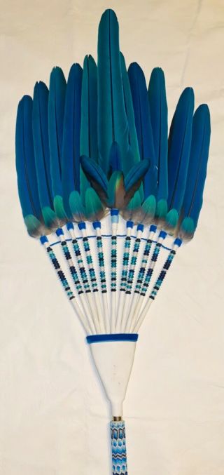 Native American Church Ceremony Prayer Fan,  Gorgeous Macaw Feathers,