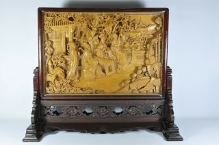 Estate Fine China Chinese Carved Wood Court Scene Table Screen Scholar Art