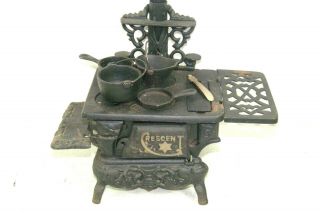 Vintage Toy Crescent Cast Iron Miniature Wood Cook Stove W/accessories