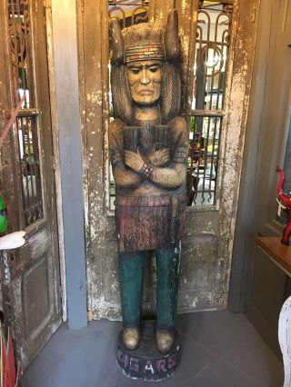 7 Ft Hand Carved Wooden Buffalo Cigar Indian Statue Native American Warrior