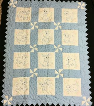 Vintage Handmade Embroidered Baby Block Quilt Blue White Animals 37x50