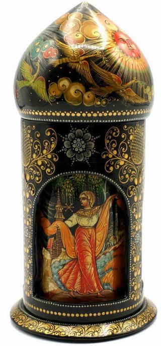 Unique " Fire Bird " Russian Hand Painted Palekh Gazebo Style Lacquer Box