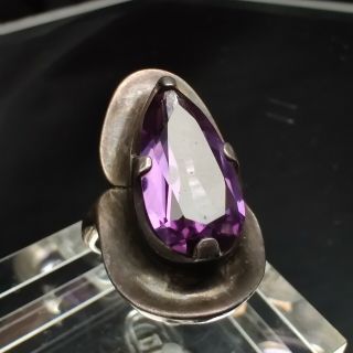 Stunning Large Vintage Modernist Mexico Sterling Silver Amethyst Ring 7.  5