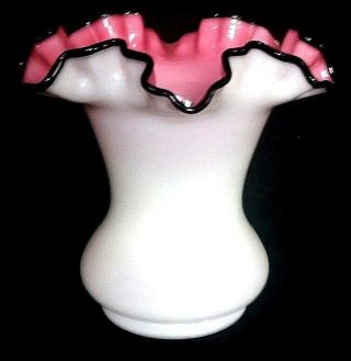 Fenton Vintage 6.  5 In Black Rose Crest Double Crimped Pink Opal Milk Glass Vase