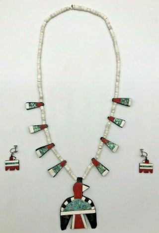 Vintage Santo Domingo Pueblo Thunderbird Necklace And Earrings