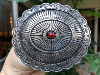 A,  Big Old Pawn Native American Sterling Silver & Coral Belt Buckle Picto Signed