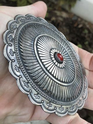 A,  Big Old Pawn Native American Sterling Silver & Coral Belt Buckle Picto Signed 2