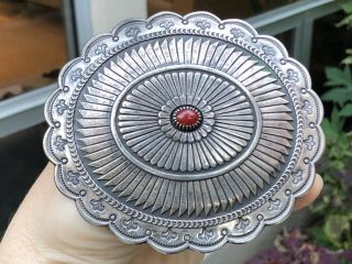 A,  Big Old Pawn Native American Sterling Silver & Coral Belt Buckle Picto Signed 5