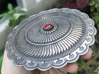 A,  Big Old Pawn Native American Sterling Silver & Coral Belt Buckle Picto Signed 6